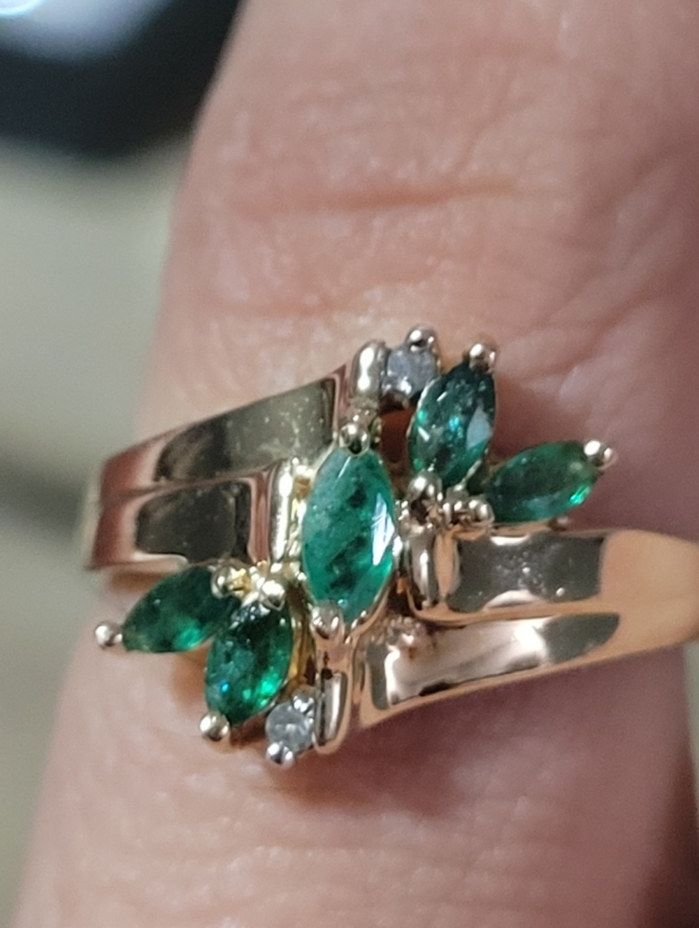 10K Gold Ring Emerald Diamond  Green Marquise Cocktail  Ring